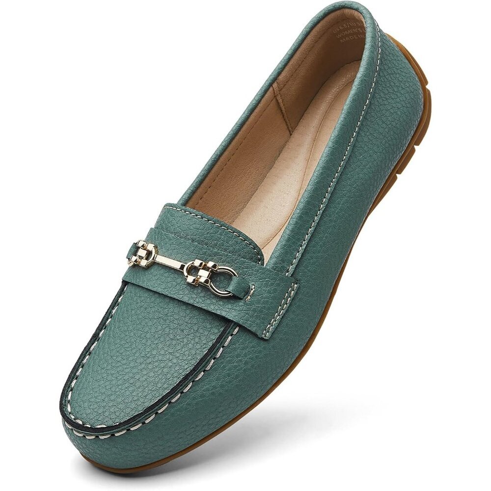Kordal Women's Green Leather Gold Accent Buckle Slip-Ons Walking Flats Loafers